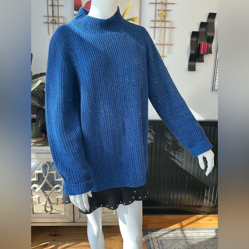 Monroe & Maine Relaxed Sweater Shimmer Blue Beaded Minimalist Casual Event LARGE